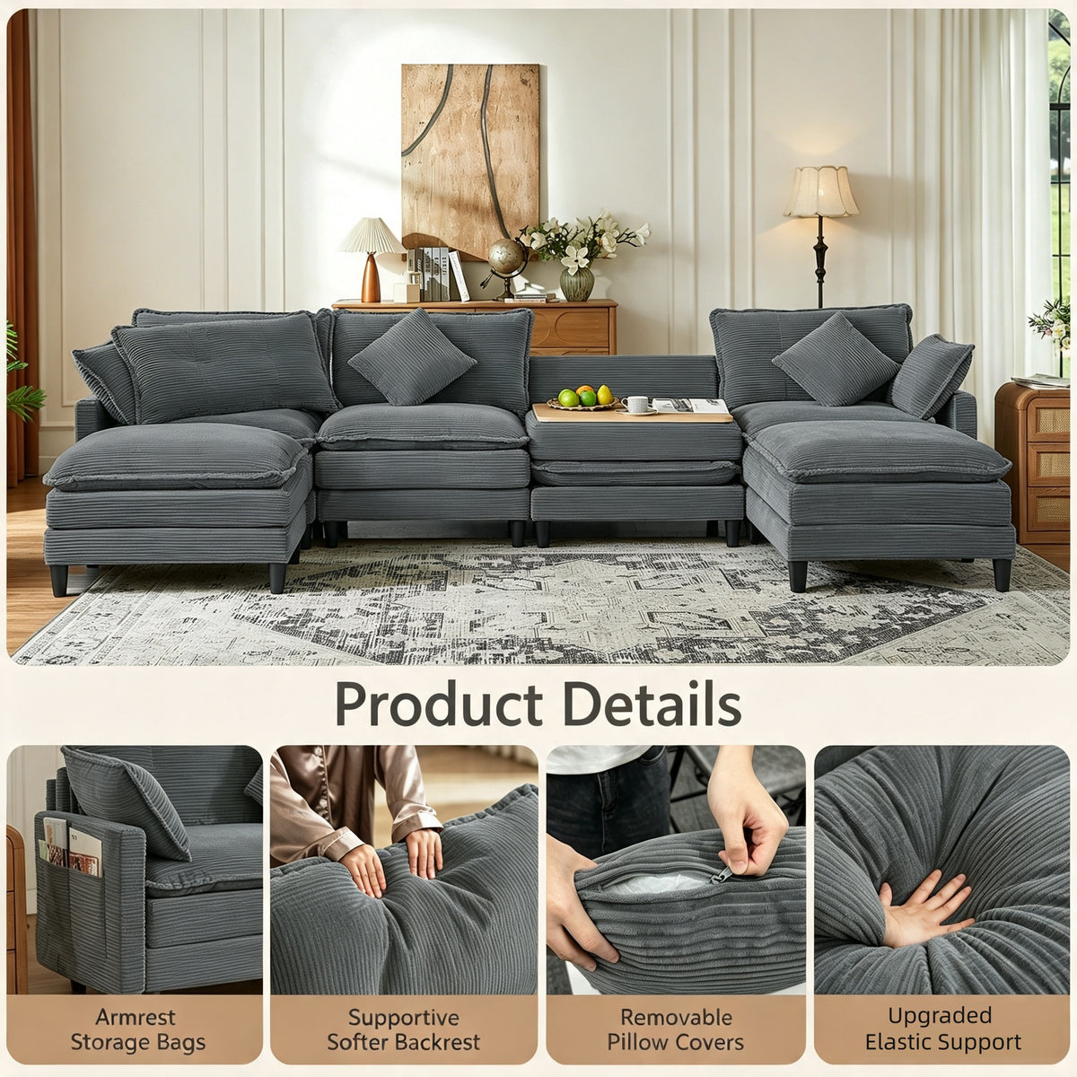 Vintagearth 141'' Sectional Modular Sofa U Shaped Cloud Couch with 2 Ottomans & 4 Pillows Tool-free Easy Assembly for Living Room Apartment, Gray