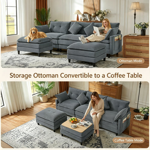 Vintagearth 108'' Cloud Couch U Shaped Modular Sectional Sofa with 2 Ottomans & 4 Pillows, Tool-free Easy Assembly for Living Room Apartment, Gray