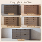 Vintagearth 8 Drawer Dresser for Bedroom, Rattan Fronts Faux Travertine Top 54.5" Wide Chest of Drawers, FSC-Certified Thick Wood, Dark Oak