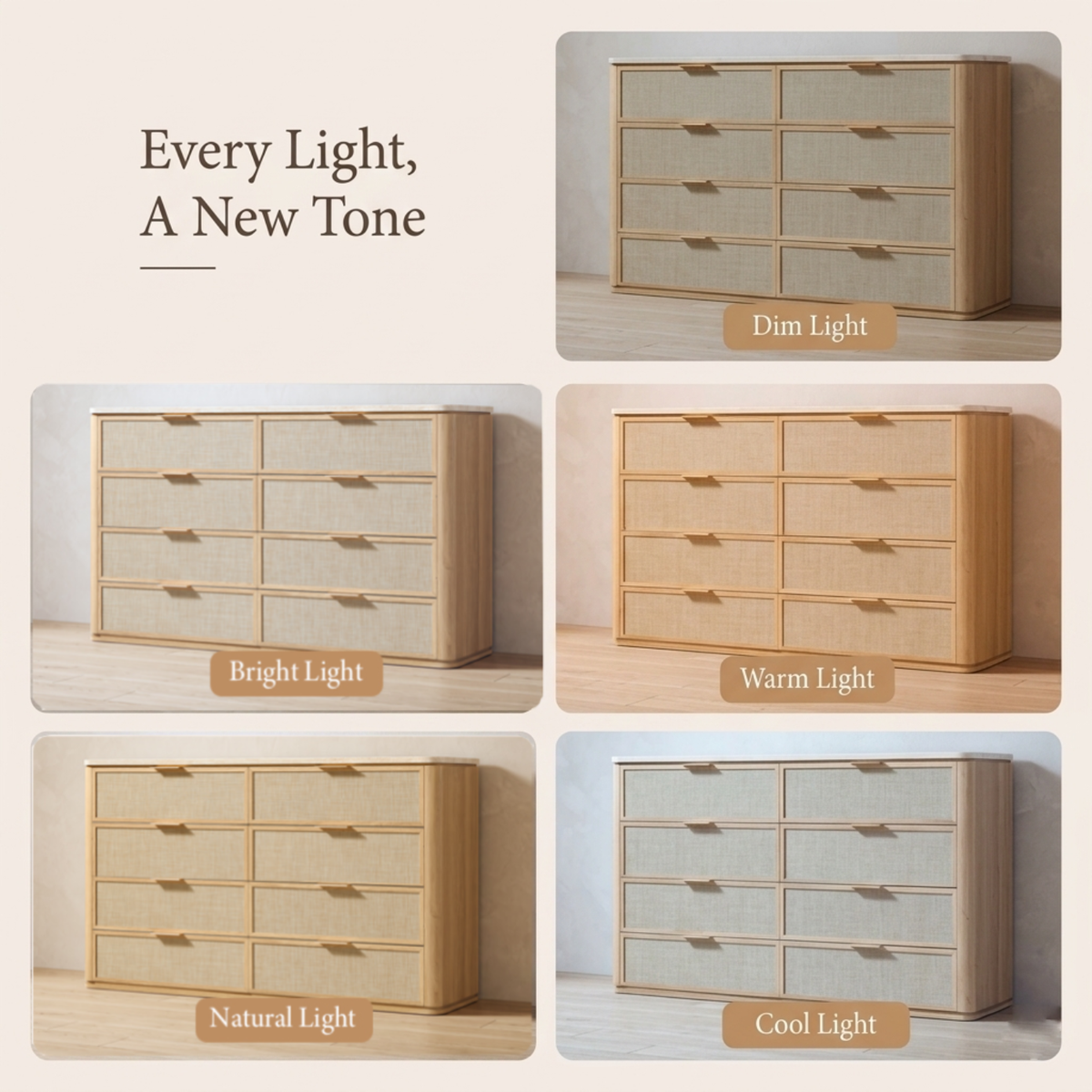 Vintagearth 8 Drawer Dresser for Bedroom, Rattan Fronts Faux Travertine Top 54.5" Wide Chest of Drawers, FSC-Certified Thick Wood, Natural Oak