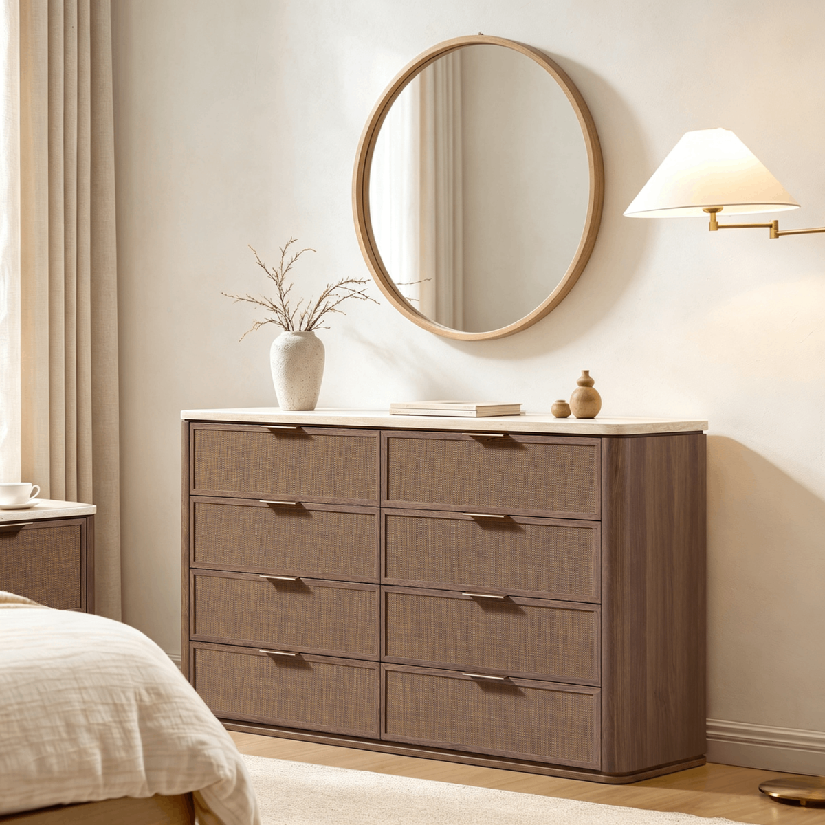 Vintagearth 8 Drawer Dresser for Bedroom, 54.5" Wide Faux Travertine Top & Rattan Fronts Chest of Drawers, Wood Dresser TV Stand for Living Room, Dark Oak