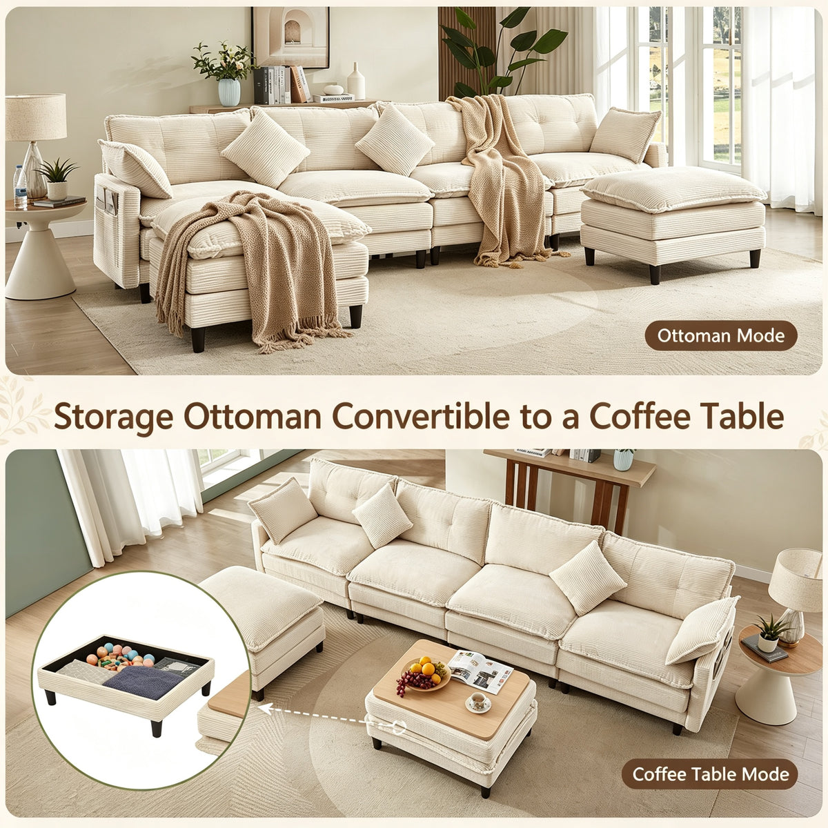 Vintagearth 141'' Modular Sectional Cloud Couch U Shaped with 2 Movable Ottomans & 4 Pillows Tool-free Easy Assembly for Living Room Apartment, Beige