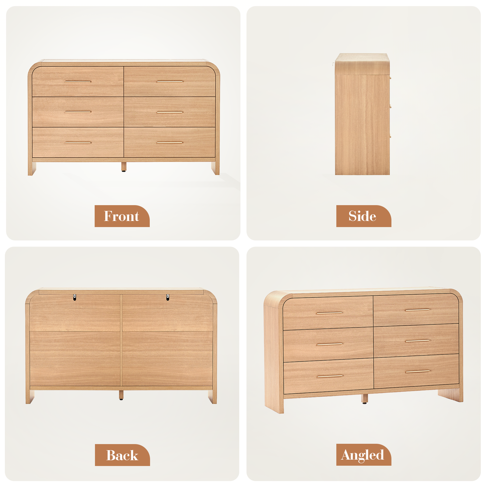 Vintagearth 6 Drawer Dresser for Bedroom, 54" Wide Storage Cabinet with Thick FSC-Certified Wood, Curved Edge Design, Large Capacity, Oak