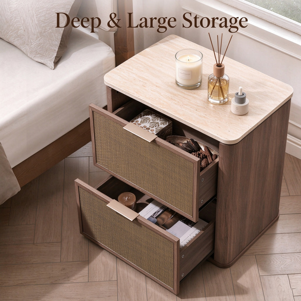 Vintagearth 3 Piece Dresser and Nightstand Set for Bedroom, Rattan 9-Drawer Dresser, 2-Drawer Nightstand Set of 2, Boho Bedroom Furniture Set, Dark Oak