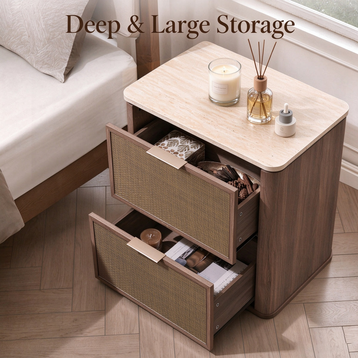 Vintagearth 3 Piece Dresser and Nightstand Set for Bedroom, Rattan 9-Drawer Dresser, 2-Drawer Nightstand Set of 2, Boho Bedroom Furniture Set, Dark Oak