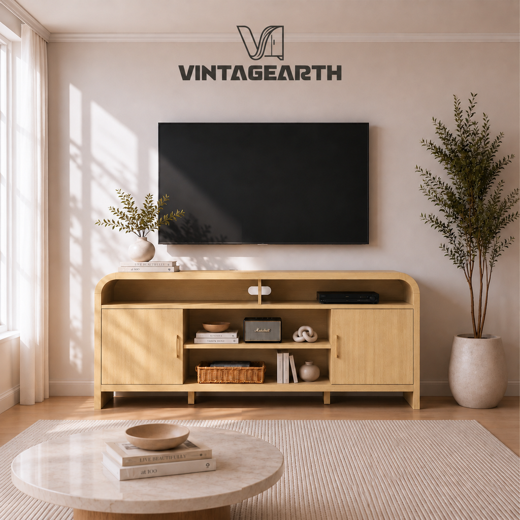 Vintagearth Modern Oak TV Stand for TVs up to 65", Curved Edge Entertainment Center with Storage Cabinets, Open Shelves, 1.22" FSC-Certified Thick Board, Golden Oak