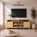 Vintagearth Modern Oak TV Stand for TVs up to 65", Curved Edge Entertainment Center with Storage Cabinets, Open Shelves, 1.22" FSC-Certified Thick Board, Golden Oak