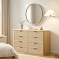 Vintagearth 8 Drawer Dresser for Bedroom, 54.5" Wide Faux Travertine Top & Rattan Fronts Chest of Drawers, Wood Dresser TV Stand for Living Room, Natural Oak