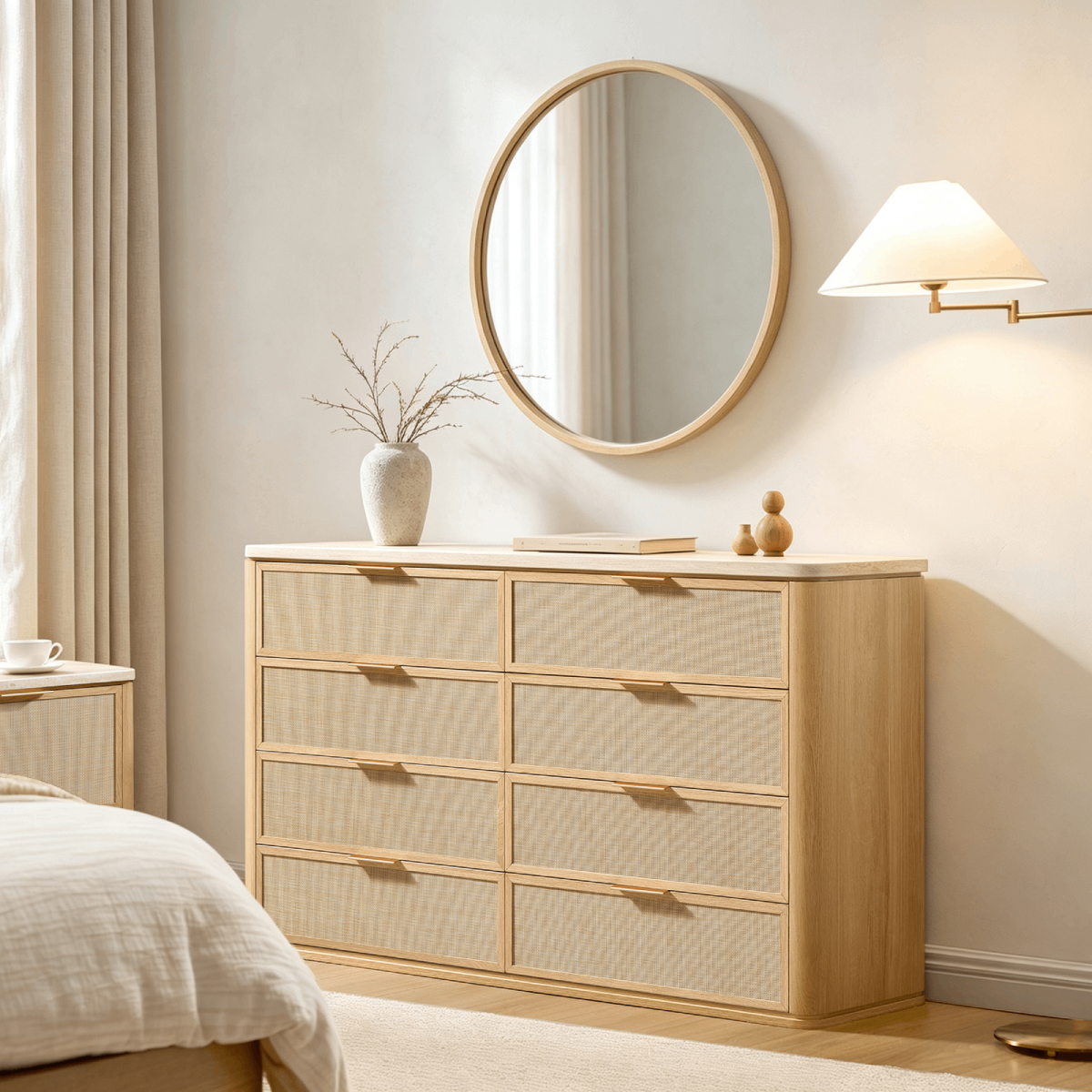 Vintagearth 8 Drawer Dresser for Bedroom, 54.5" Wide Faux Travertine Top & Rattan Fronts Chest of Drawers, Wood Dresser TV Stand for Living Room, Natural Oak