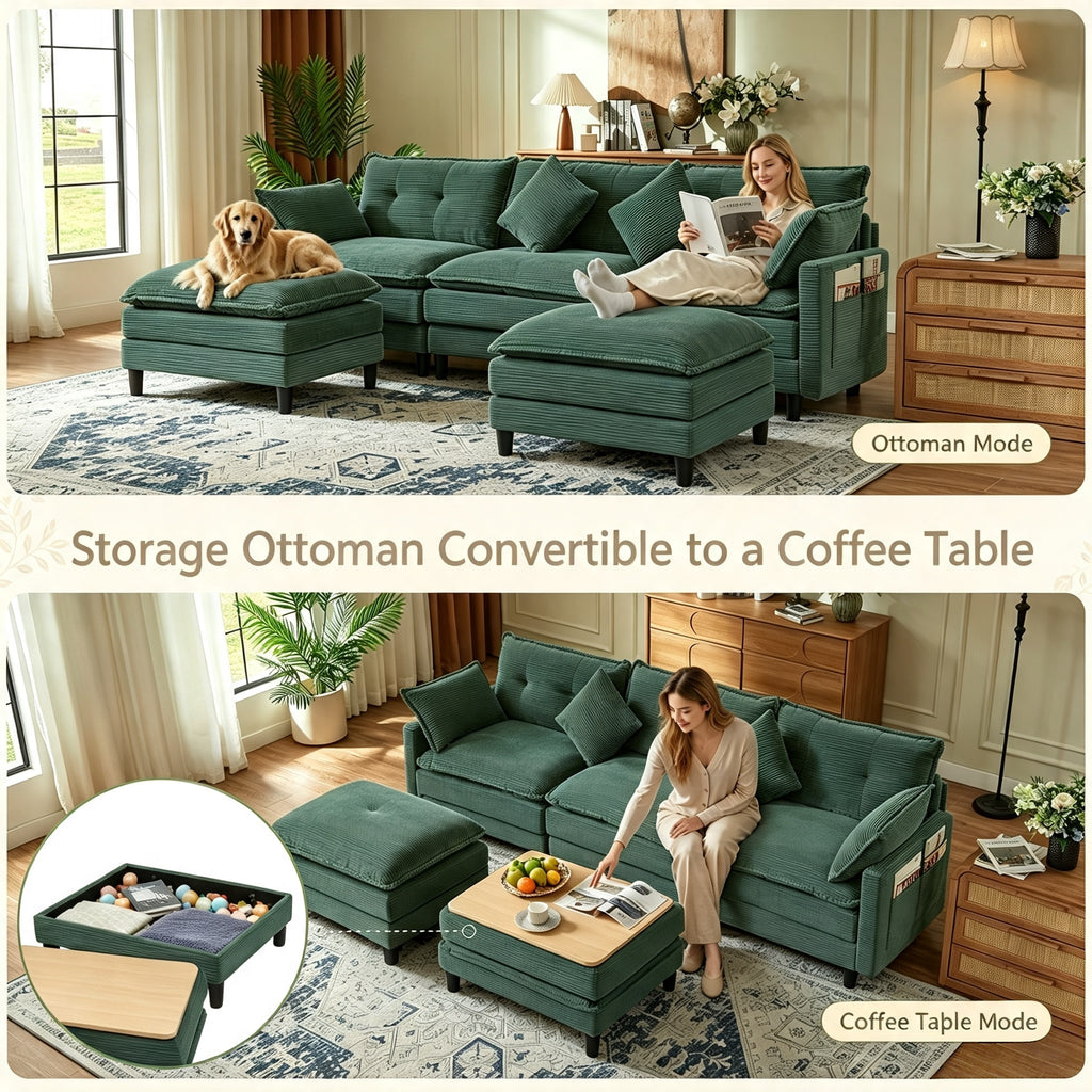 Vintagearth 108'' Modular Sectional Sofa U Shaped Cloud Couch with 2 Ottomans & 4 Pillows, Tool-free Easy Assembly for Living Room Apartment, Green