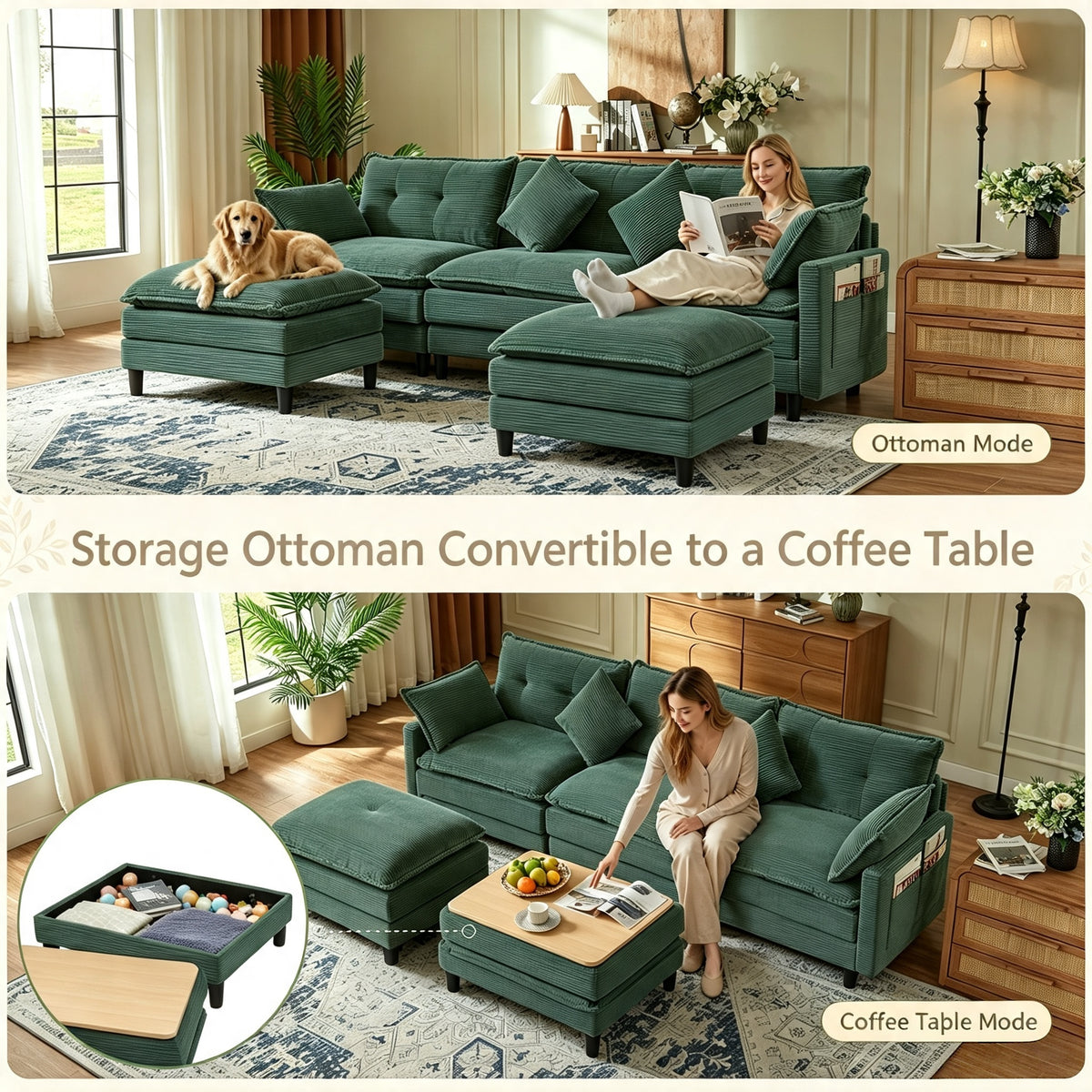 Vintagearth 108'' Modular Sectional Sofa U Shaped Cloud Couch with 2 Ottomans & 4 Pillows, Tool-free Easy Assembly for Living Room Apartment, Green