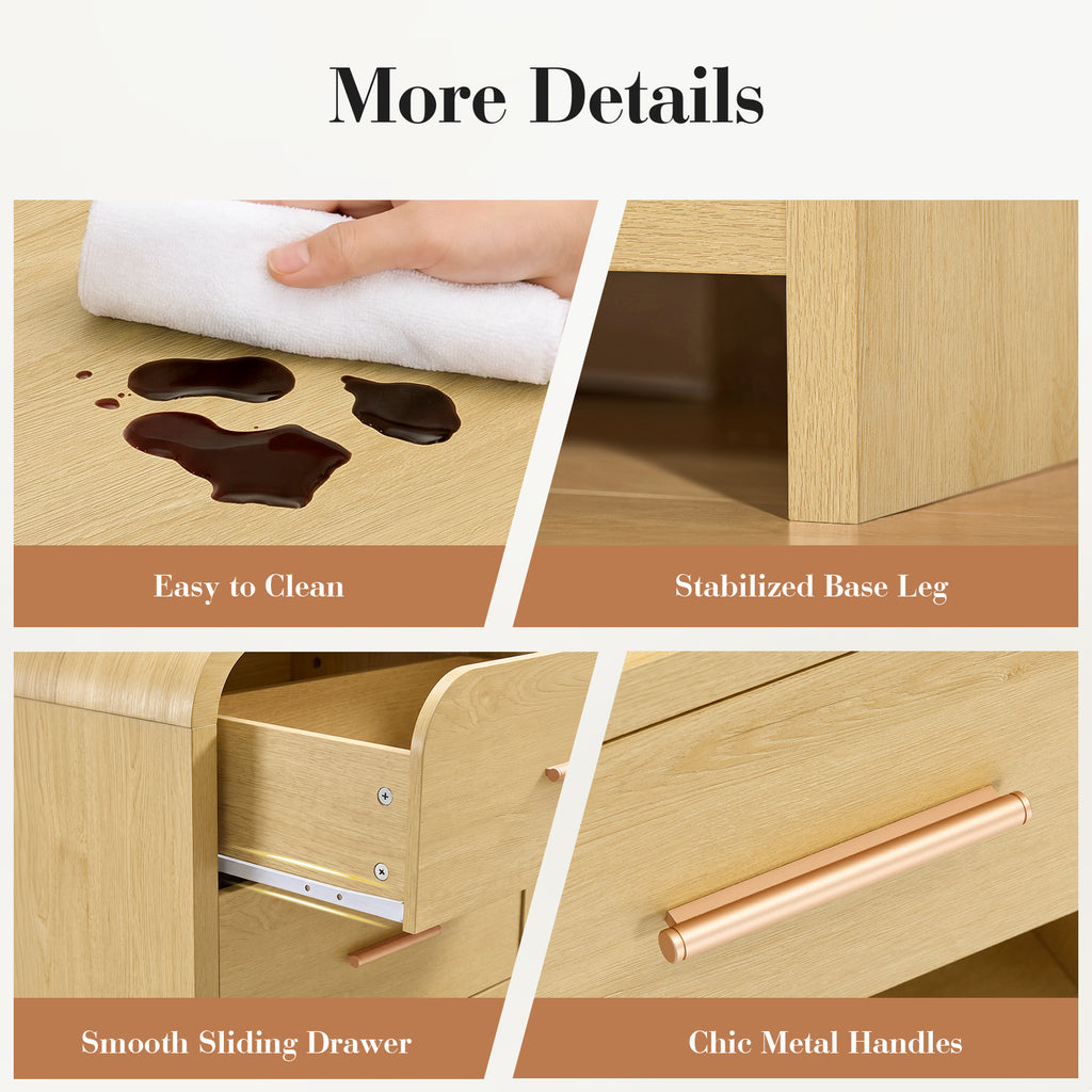 Vintagearth Nightstand Set of 2, 23.42" Wide Modern Curved Bedside Table, FSC-Certified Wood End Table, 3 Drawer Storage, Natural Oak