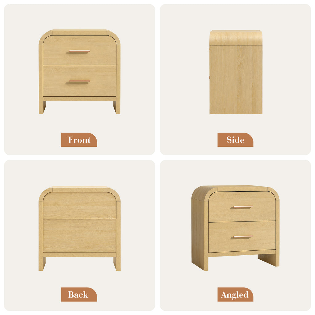 Vintagearth Nightstand Set of 2, 23.42" Wide Modern Curved Bedside Table, FSC-Certified Wood End Table, 2 Drawer Storage, Natural Oak