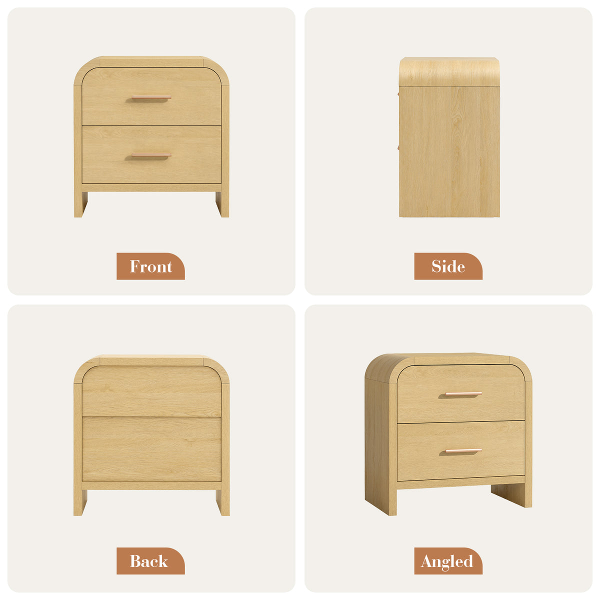 Vintagearth Nightstand Set of 2, 23.42" Wide Modern Curved Bedside Table, FSC-Certified Wood End Table, 2 Drawer Storage, Natural Oak