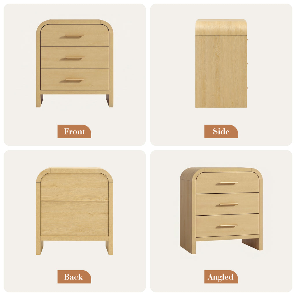 Vintagearth Nightstand Set of 2, 23.42" Wide Modern Curved Bedside Table, FSC-Certified Wood End Table, 3 Drawer Storage, Natural Oak