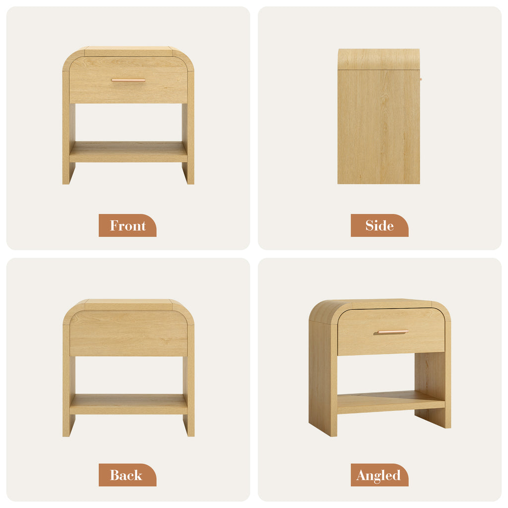 Vintagearth Nightstand 23.42" Wide Modern Curved Bedside Table, FSC-Certified Wood End Table, 1 Drawer & 1 Open Storage Shelf, Natural Oak