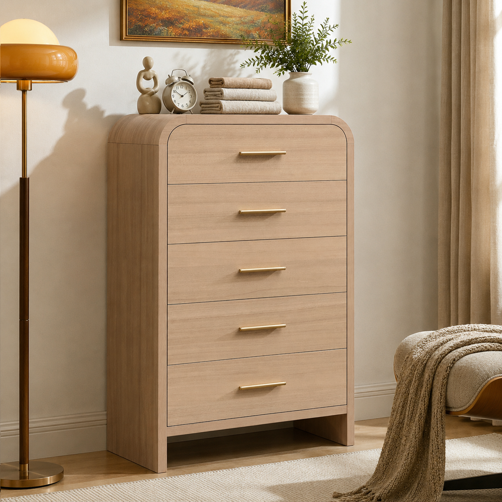 Vintagearth 5 Drawer Dresser for Bedroom, Curved 1.18" Thick FSC Certified Wood, Oak