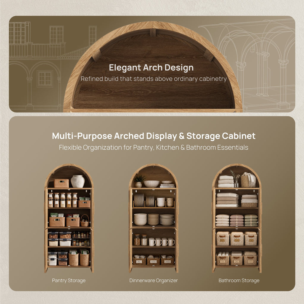 Vintagearth 74.5" Tall Arched Kitchen Pantry Cabinet, FSC‑Certified 1.38" Thick Board Rattan Freestanding Cupboard with 4 Doors for Kitchen, Dining Room, Natural Oak, 2 Pack