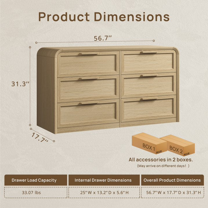 Vintagearth 6 Drawer Dresser for Bedroom, FSC‑Certified 1.18" Thick Wooden Curved Edge Chest of Drawers, Light Oak