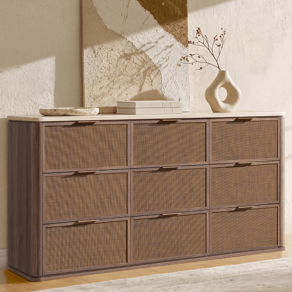 Vintagearth 9 Drawer Dresser for Bedroom, 63.1" Wide Faux Travertine Top & Rattan Fronts Chest of Drawers, Wood Dresser TV Stand for Living Room, Dark Oak