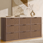 Vintagearth 9 Drawer Dresser for Bedroom, 63.1" Wide Faux Travertine Top & Rattan Fronts Chest of Drawers, Wood Dresser TV Stand for Living Room, Dark Oak