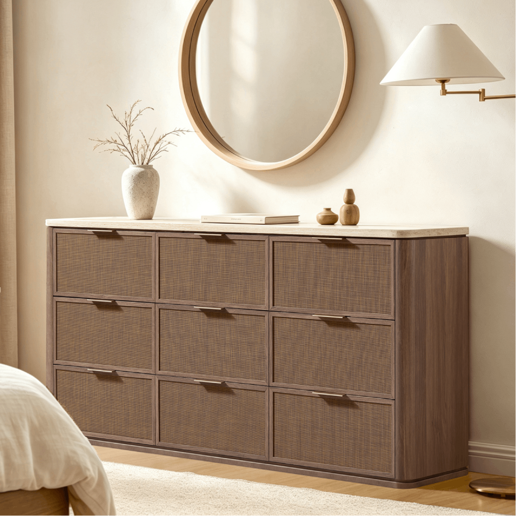 Vintagearth 9 Drawer Dresser for Bedroom, 63.1" Wide Faux Travertine Top & Rattan Fronts Chest of Drawers, Wood Dresser TV Stand for Living Room, Dark Oak