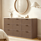 Vintagearth 9 Drawer Dresser for Bedroom, 63.1" Wide Faux Travertine Top & Rattan Fronts Chest of Drawers, Wood Dresser TV Stand for Living Room, Dark Oak