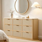 Vintagearth 9 Drawer Dresser for Bedroom, 63.1" Wide Faux Travertine Top & Rattan Fronts Chest of Drawers, Wood Dresser TV Stand for Living Room, Natural Oak