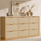 Vintagearth 9 Drawer Dresser for Bedroom, 63.1" Wide Faux Travertine Top & Rattan Fronts Chest of Drawers, Wood Dresser TV Stand for Living Room, Natural Oak