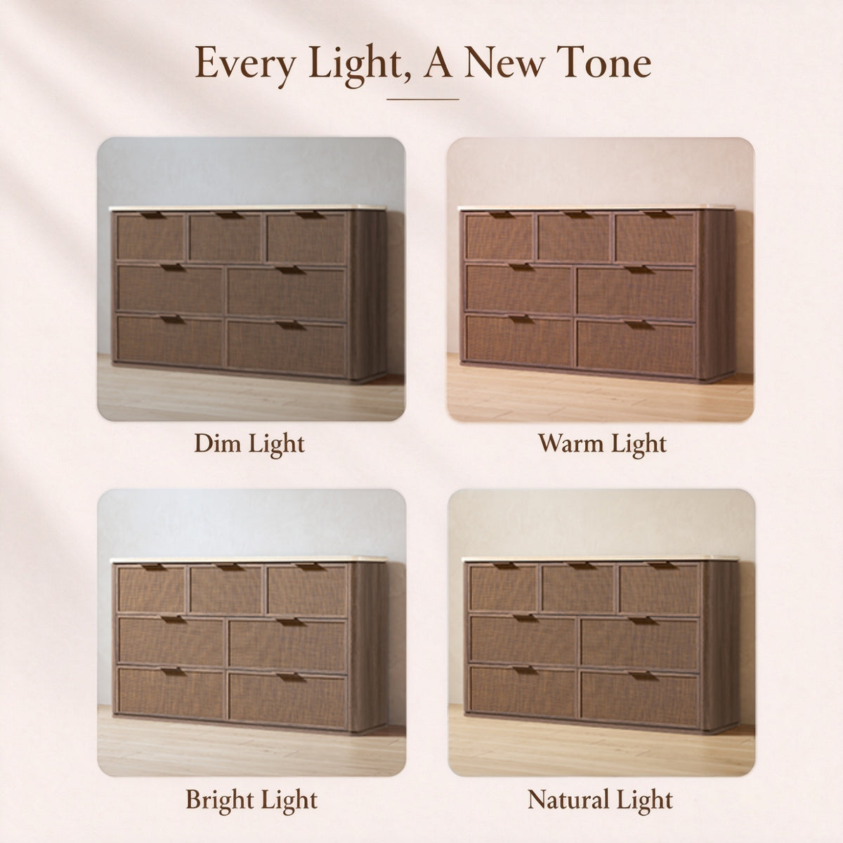 Vintagearth 7 Drawer Dresser for Bedroom, Rattan Fronts Faux Travertine Top, 1.97" Thick Stable Wooden Chest of Drawers, Dark Oak