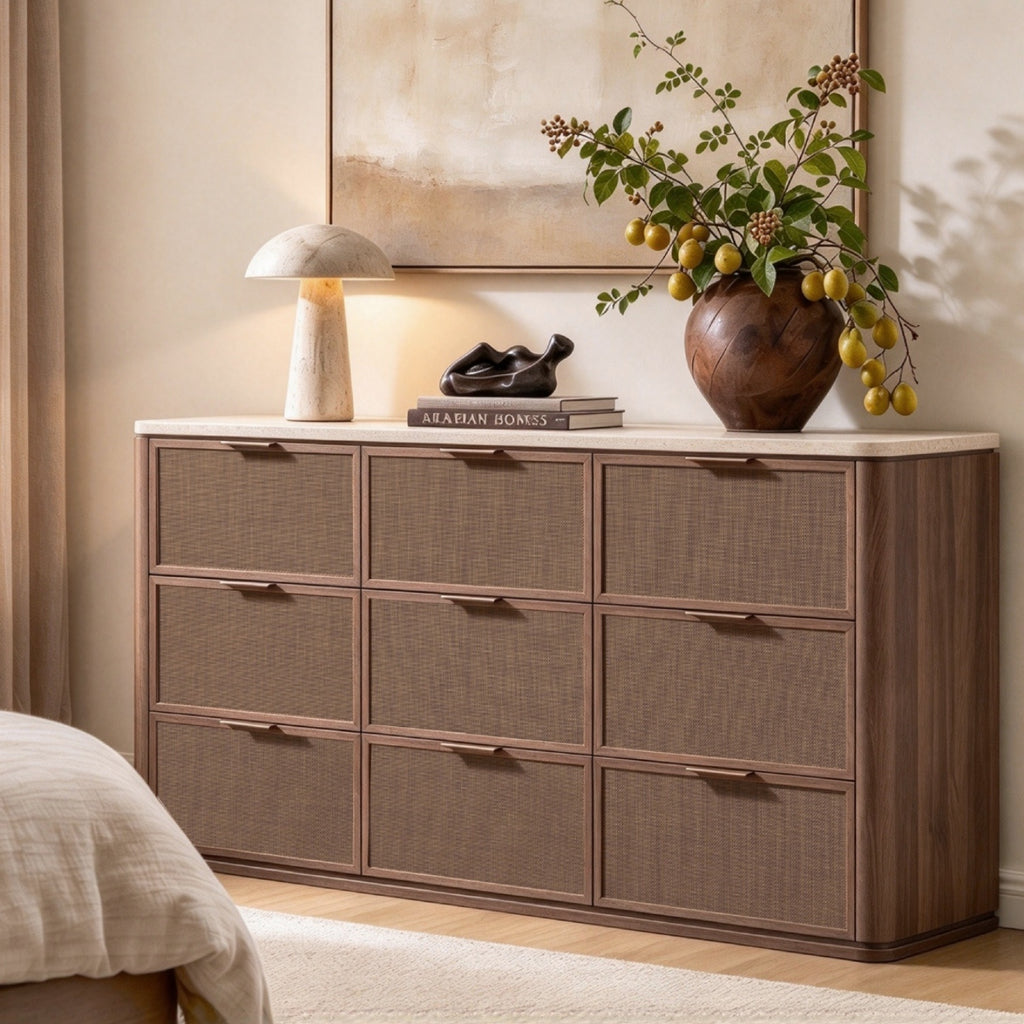 Vintagearth 9 Drawer Dresser for Bedroom, 63.1" Extra Wide Chest of Drawers, 1.9" Thick Wood Rattan Fronts Faux Travertine Top, Dark Oak