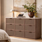 Vintagearth 9 Drawer Dresser for Bedroom, 63.1" Extra Wide Chest of Drawers, 1.9" Thick Wood Rattan Fronts Faux Travertine Top, Dark Oak