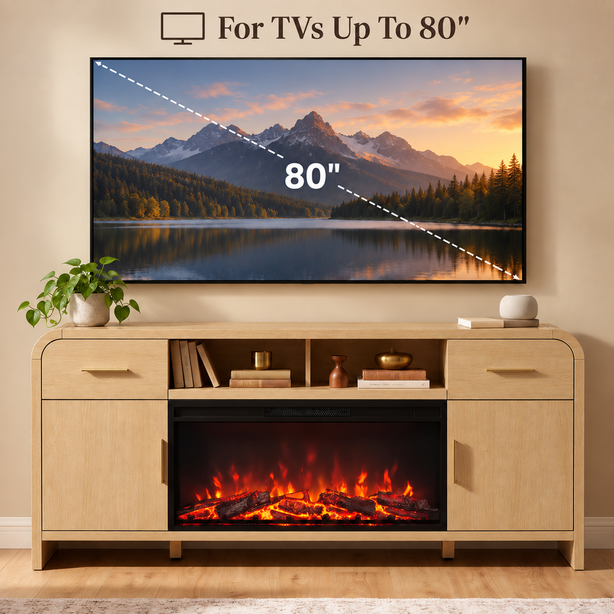 Vintagearth 70.86" Fireplace TV Stand for TVs up to 80", 36" Electric Fireplace Entertainment Center with Storage, Natural Oak