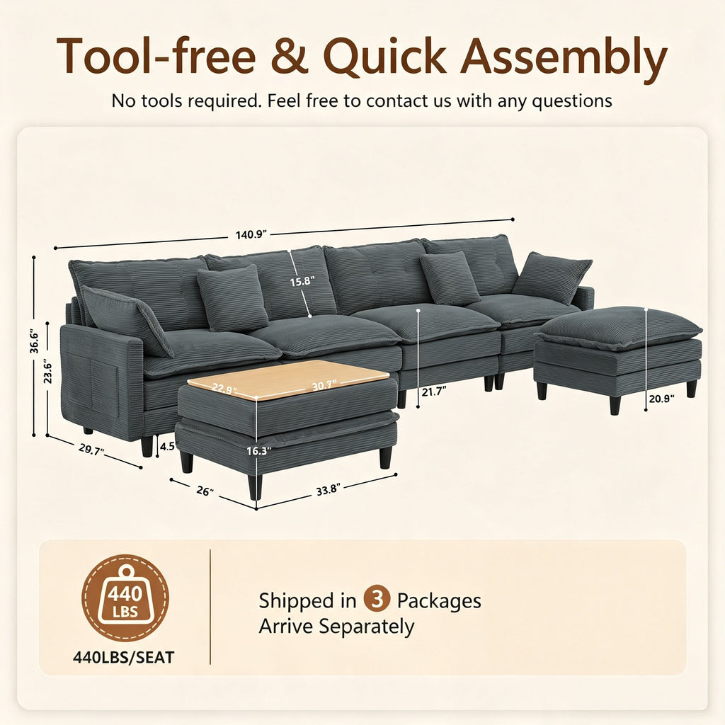 Vintagearth 141'' Sectional Modular Sofa U Shaped Cloud Couch with 2 Ottomans & 4 Pillows Tool-free Easy Assembly for Living Room Apartment, Gray