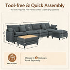 Vintagearth 141'' Sectional Modular Sofa U Shaped Cloud Couch with 2 Ottomans & 4 Pillows Tool-free Easy Assembly for Living Room Apartment, Gray