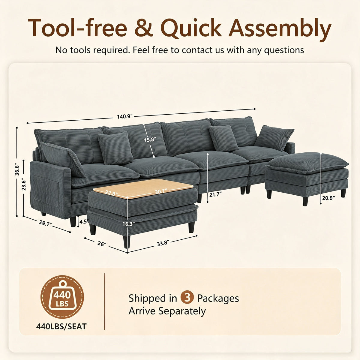 Vintagearth 141'' Sectional Modular Sofa U Shaped Cloud Couch with 2 Ottomans & 4 Pillows Tool-free Easy Assembly for Living Room Apartment, Gray
