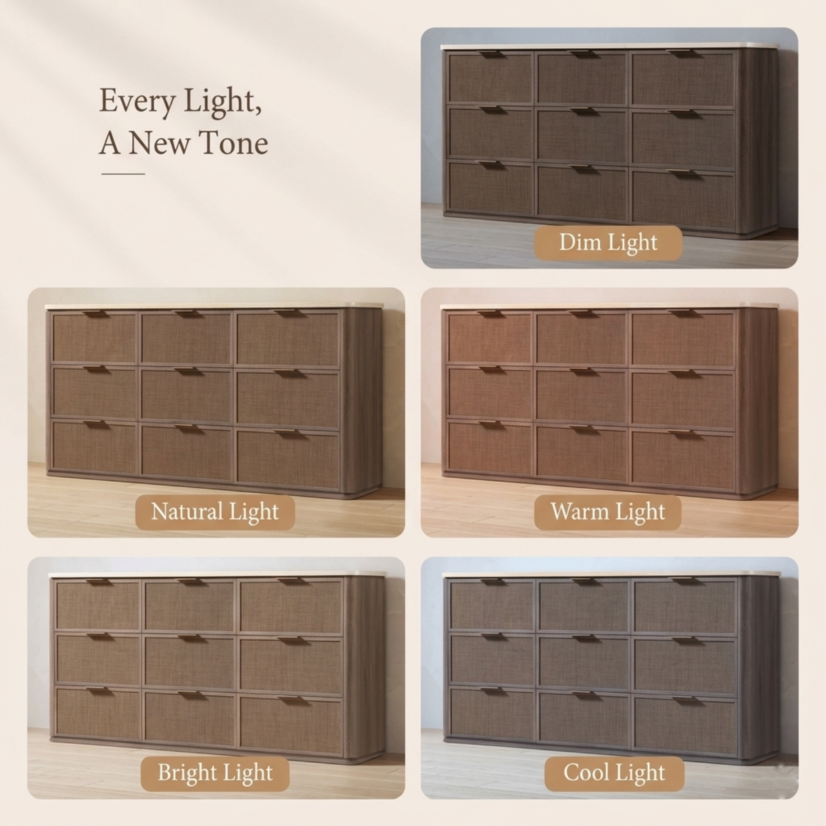 Vintagearth 9 Drawer Dresser for Bedroom, Rattan Fronts Faux Travertine Top 63.1" Wide Chest of Drawers, FSC-Certified Thick Wood, Dark Oak