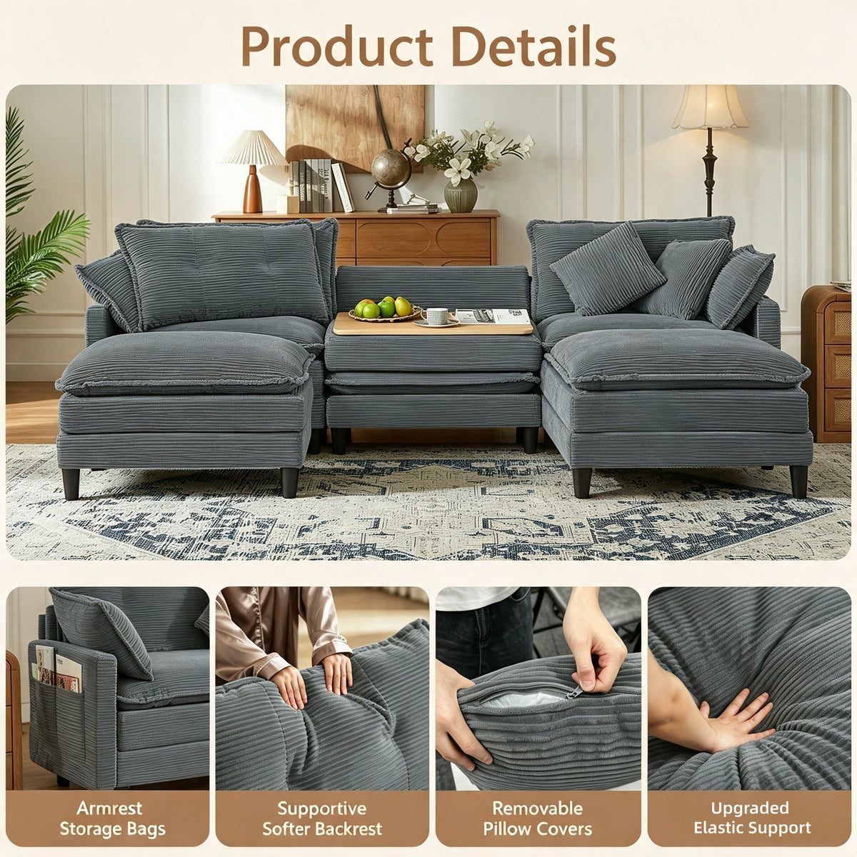 Vintagearth 108'' Cloud Couch U Shaped Modular Sectional Sofa with 2 Ottomans & 4 Pillows, Tool-free Easy Assembly for Living Room Apartment, Gray