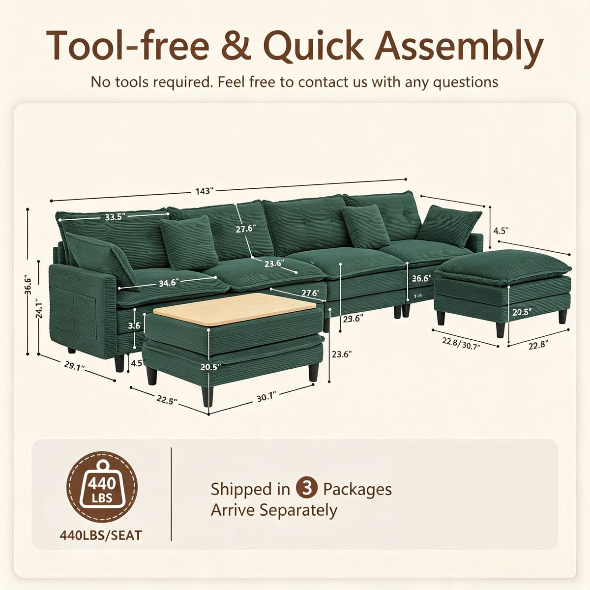 Vintagearth 141'' Cloud Couch U Shape Sectional Modular Sofa with 2 Ottomans & 4 Pillows Tool-free Easy Assembly for Living Room Apartment, Green