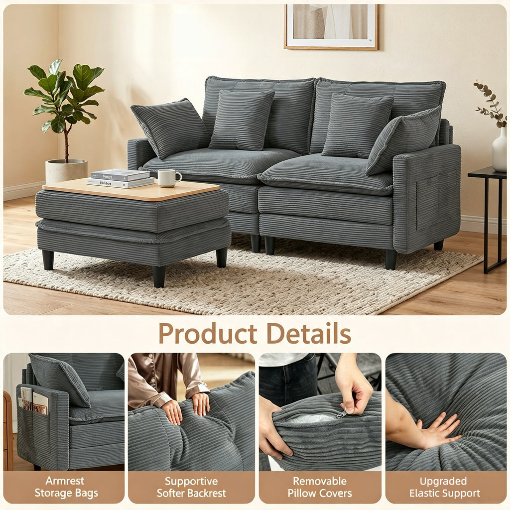 Vintagearth 73.5'' Sectional Modular Sofa Cloud Couch with 1 Ottomans & 4 Pillows Tool-free Easy Assembly for Living Room Apartment, Gray