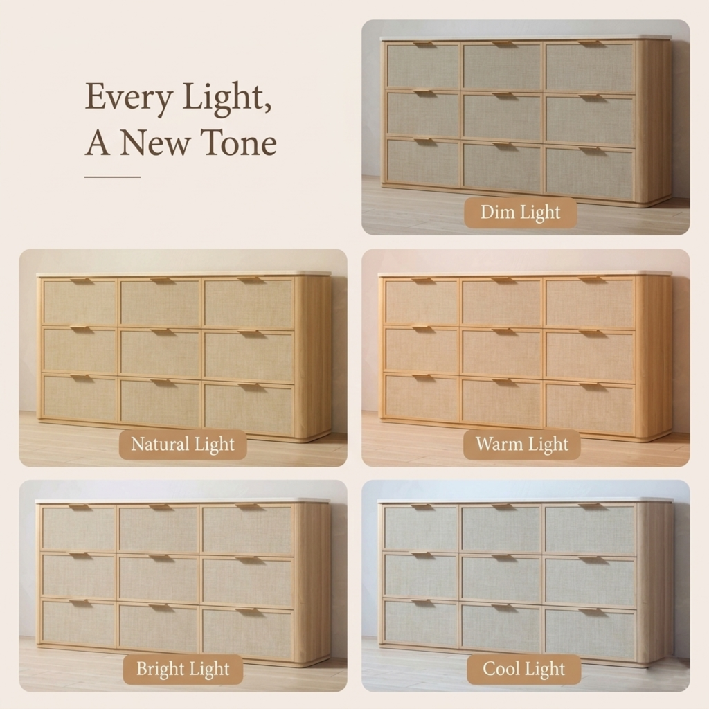 Vintagearth 9 Drawer Dresser for Bedroom, Rattan Fronts Faux Travertine Top 63.1" Wide Chest of Drawers, FSC-Certified Thick Wood, Natural Oak