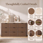 Vintagearth 3 Piece Dresser and Nightstand Set for Bedroom, Rattan 9-Drawer Dresser, 2-Drawer Nightstand Set of 2, Boho Bedroom Furniture Set, Dark Oak