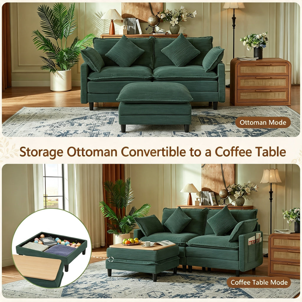 Vintagearth 73.5'' Sectional Modular Sofa Cloud Couch with 1 Ottomans & 4 Pillows Tool-free Easy Assembly for Living Room Apartment, Green