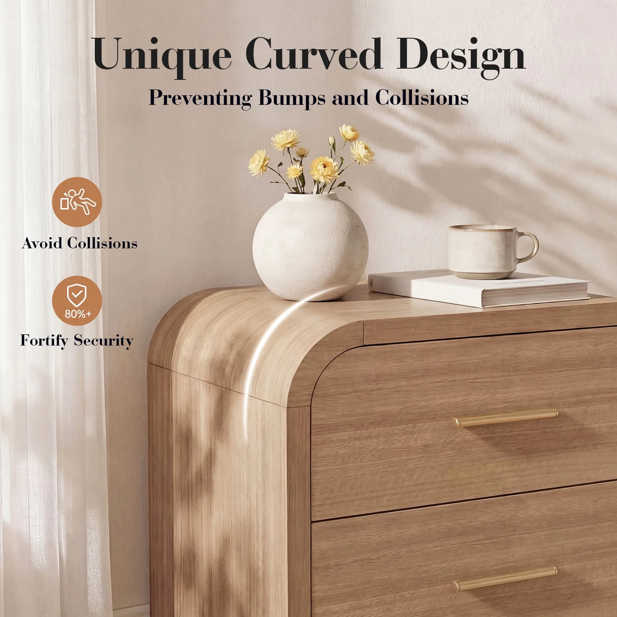 Vintagearth Nightstand Set of 2, 26.7" Tall Modern Bedside Table with 1.18" Thick FSC Certified Wood, 3 Drawer, Oak