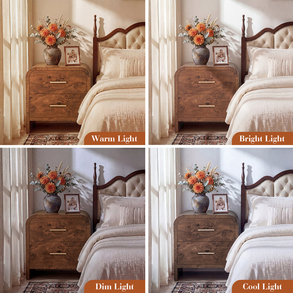 Vintagearth Nightstand Set of 2, 24" Tall Modern Bedside Table with 1.18" Thick FSC Certified Wood, 2 Drawer, Dark Burl