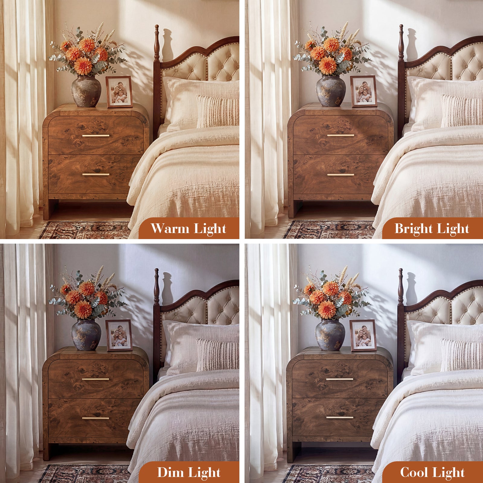Vintagearth Nightstand Set of 2, 24" Tall Modern Bedside Table with 1.18" Thick FSC Certified Wood, 2 Drawer, Dark Burl