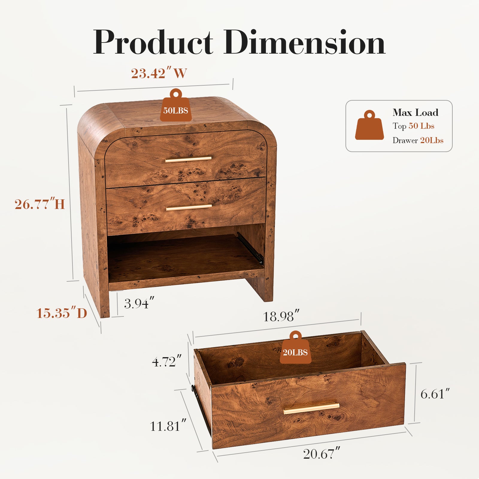 Vintagearth Nightstand Set of 2, 26.7" Tall Modern Curved Bedside Table, FSC-Certified Wood End Table, 3 Drawer Storage, Dark Burl