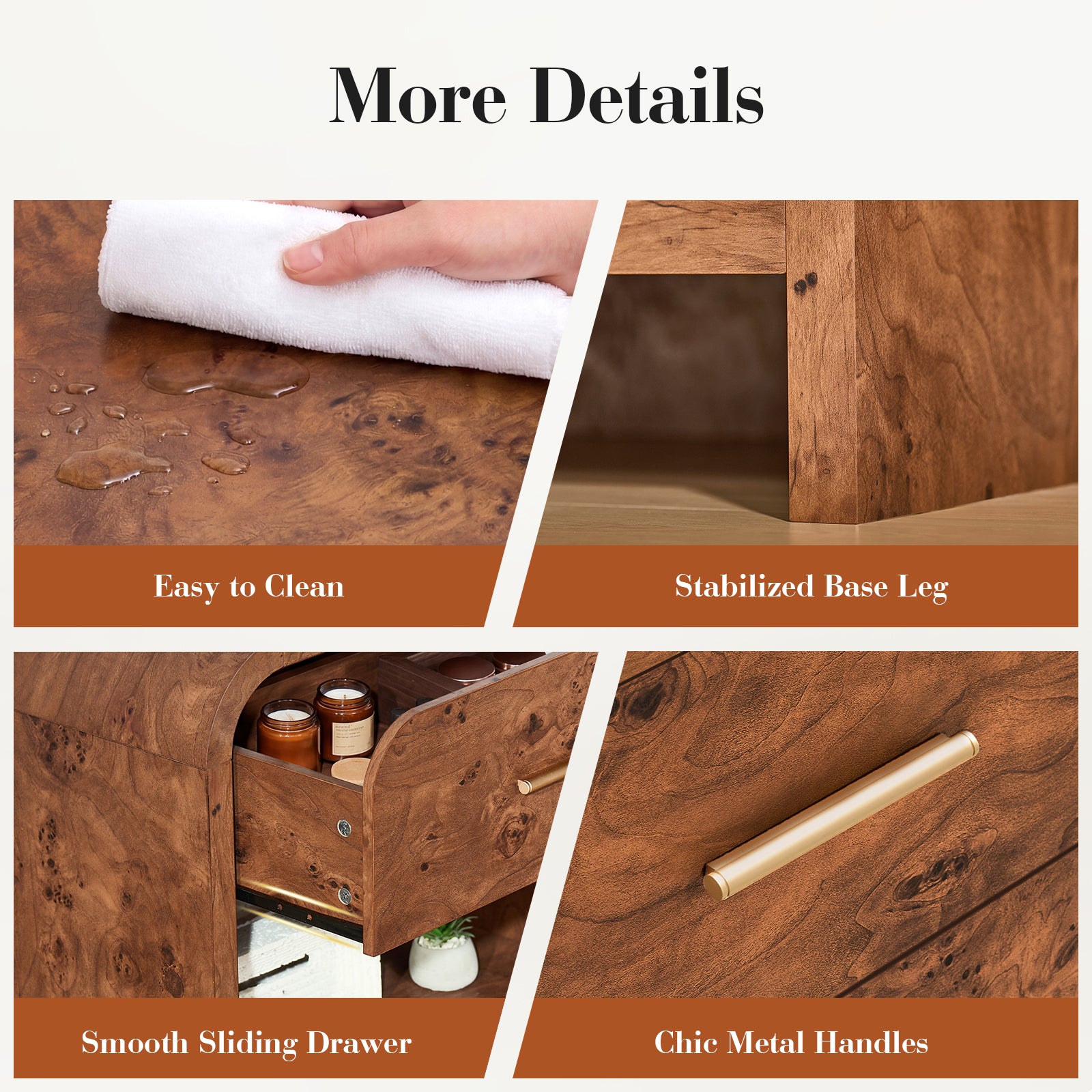 Vintagearth Nightstand Set of 2, 26.7" Tall Modern Curved Bedside Table, FSC-Certified Wood End Table, 3 Drawer Storage, Dark Burl