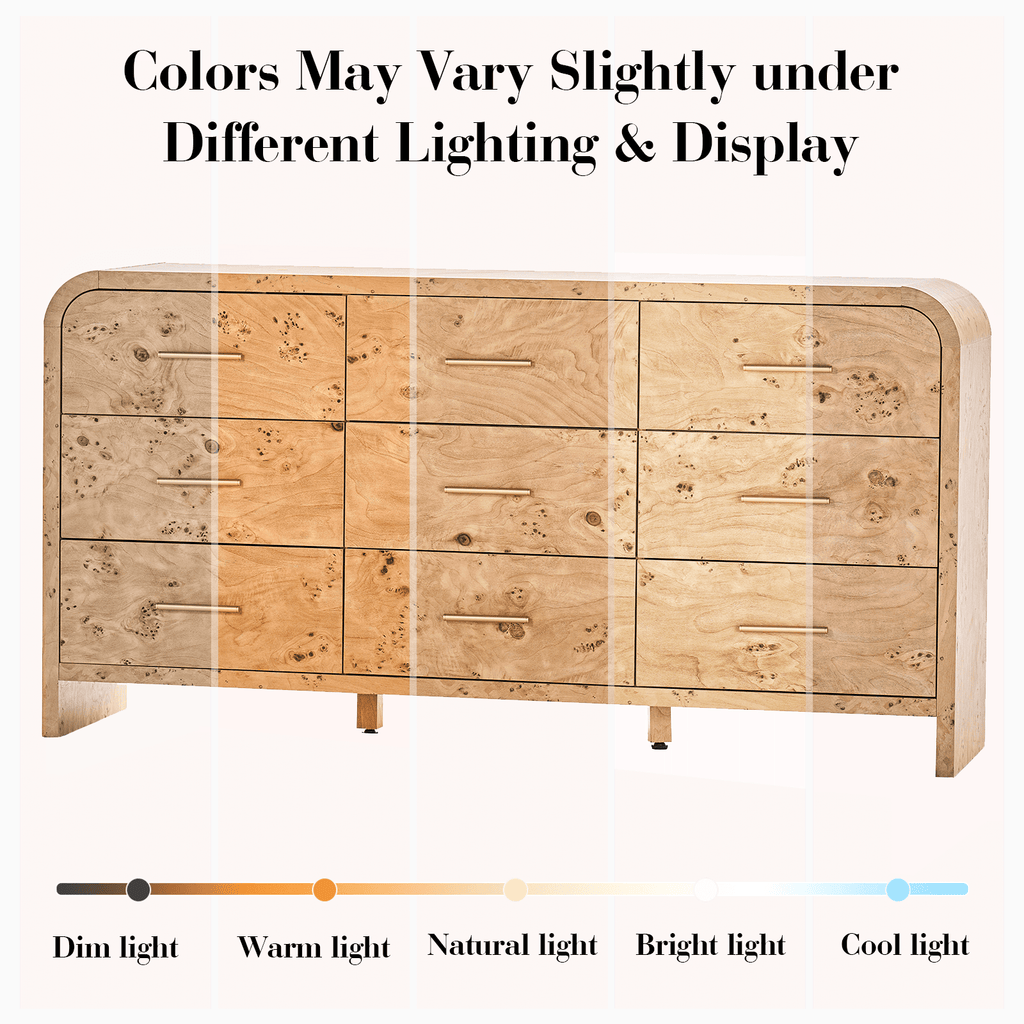Vintagearth 9 Drawer Dresser for Bedroom, Curved 1.18" Thick FSC Certified Wood, Light Burl