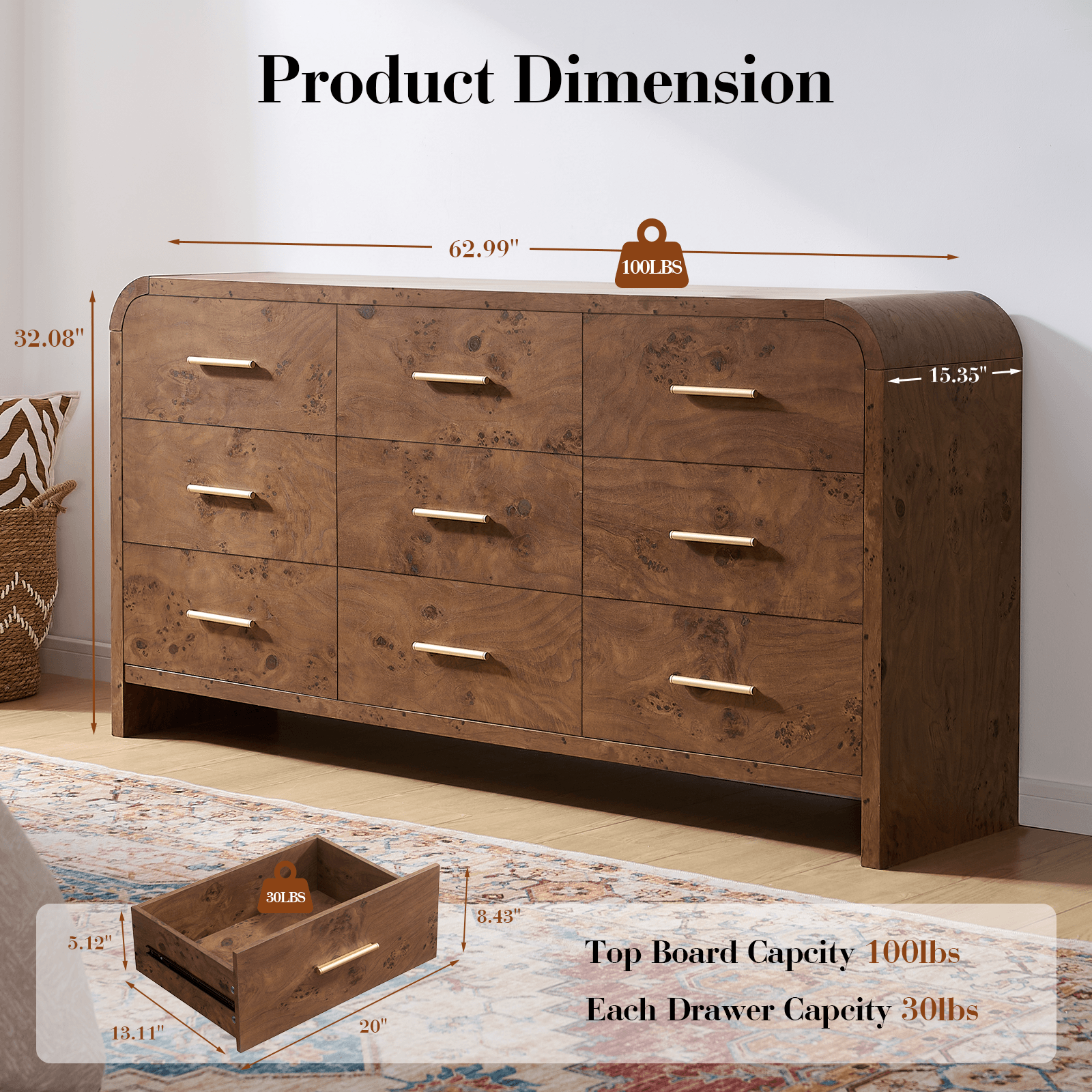 Vintagearth 9 Drawer Dresser for Bedroom, Curved 1.18" Thick FSC Certified Wood, Dark Burl